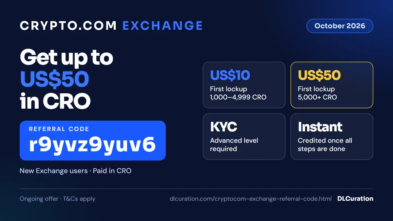 Crypto.com Exchange referral code r9yvz9yuv6 October 2026 infographic: up to US$50 in CRO for new users, US$10 for a 1,000–4,999 CRO first lockup and US$50 for 5,000+ CRO, after Advanced KYC