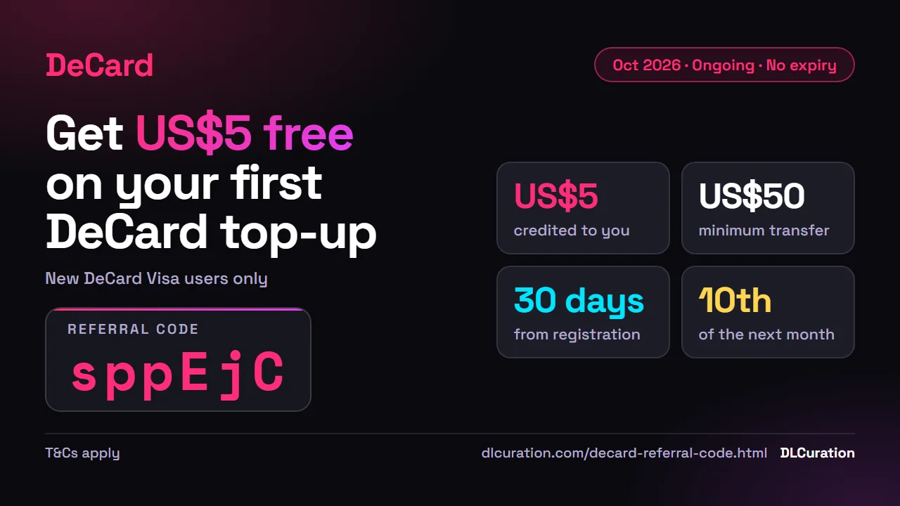 DeCard referral code sppEjC October 2026 infographic: US$5 for new DeCard Visa users after a US$50 minimum transfer within 30 days, credited on the 10th of the next month