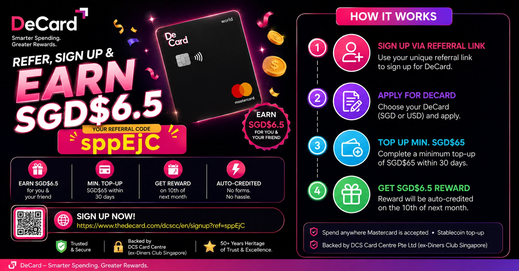 DeCard referral code sppEjC infographic — earn SGD$6.5 when you sign up, apply for DeCard, and top up SGD$65 within 30 days. Reward credited on the 10th of the following month. Stablecoin card by DCS Card Centre, powered by Mastercard.