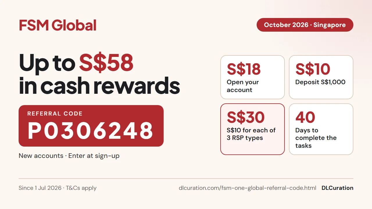 FSM Global (FSMOne) referral code P0306248 October 2026 infographic: up to S$58 cash rewards for new accounts — S$18 on opening, S$10 on a S$1,000 deposit, S$10 per RSP type