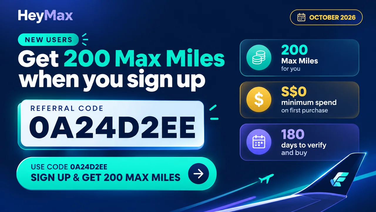 HeyMax referral code 0A24D2EE October 2026 infographic: get 200 Max Miles when you sign up as a new user, S$0 minimum spend on your first purchase, 180 days to verify and buy