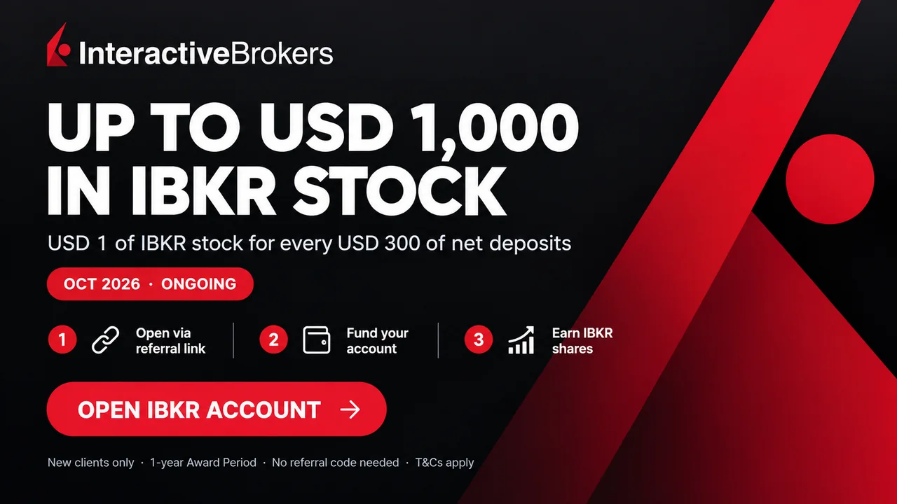 IBKR referral Singapore October 2026 infographic: up to USD 1,000 in IBKR stock for new clients, USD 1 of stock per USD 300 deposited, 1 year to build net deposits, ongoing offer