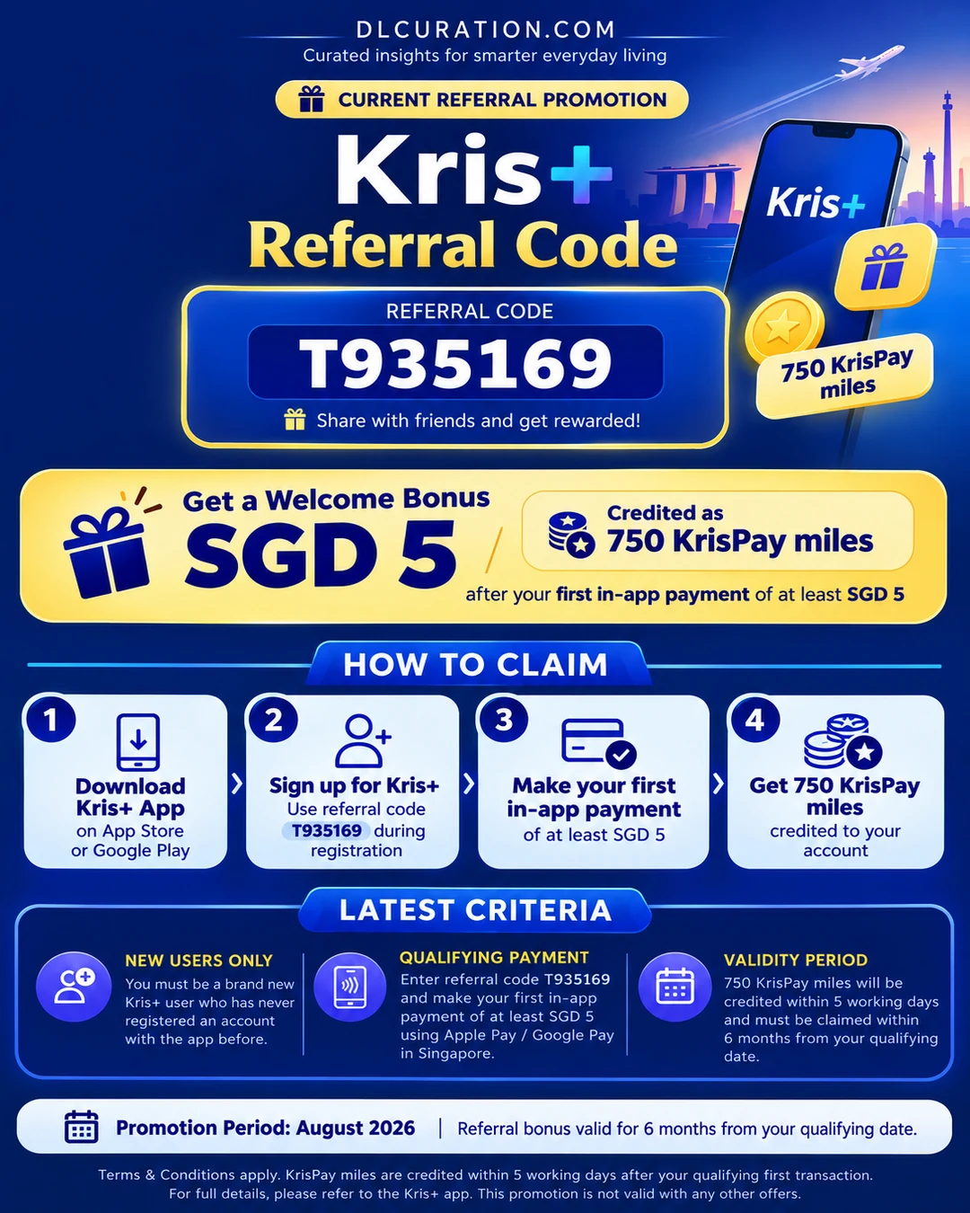 Kris+ referral code T935169 August 2026 infographic: get SGD 5 as 750 KrisPay miles after your first SGD 5 payment, earn up to 9 miles per SGD 1 at 1,500+ outlets islandwide, miles valid 6 months from credit date