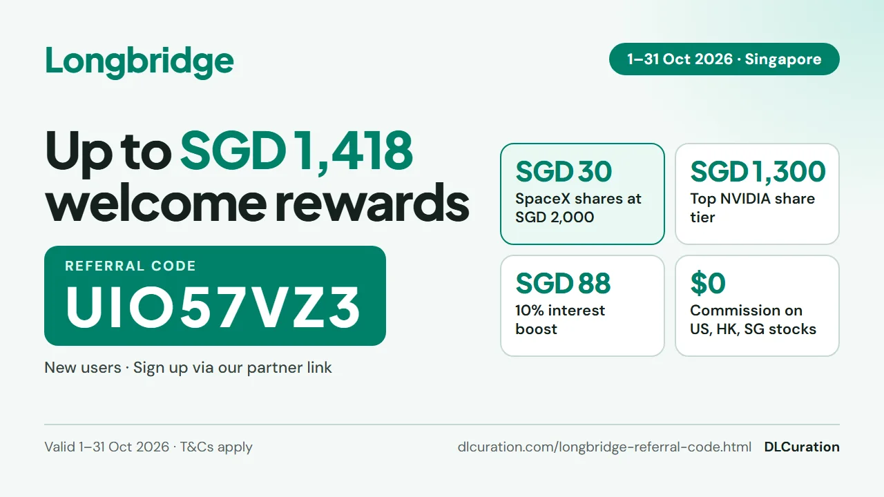 Longbridge referral code UIO57VZ3 October 2026 infographic: up to SGD 1,418 welcome rewards, SGD 30 SpaceX shares, NVIDIA shares up to SGD 1,300, SGD 88 interest boost, 1–31 Oct 2026