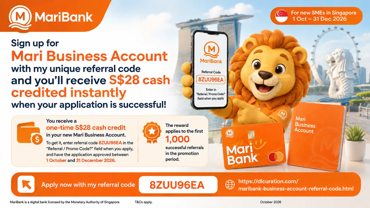 MariBank Business Account referral code 8ZUU96EA October 2026 infographic: S$28 cash for new SMEs, S$0 account fees, up to 0.88% p.a. interest, valid 1 Oct–31 Dec 2026