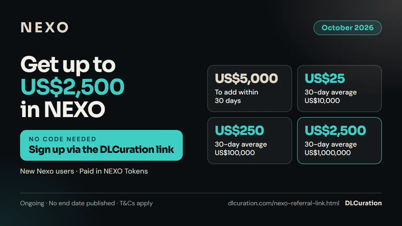 Nexo referral link Singapore October 2026 infographic: up to US$2,500 in NEXO Tokens for new users, with US$25, US$250 and US$2,500 examples at US$10,000, US$100,000 and US$1,000,000 average balances