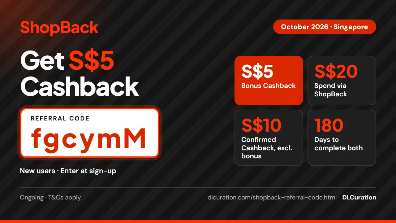 ShopBack referral code fgcymM October 2026 infographic: S$5 bonus Cashback for new Singapore users after S$20 spend and S$10 confirmed Cashback within 180 days