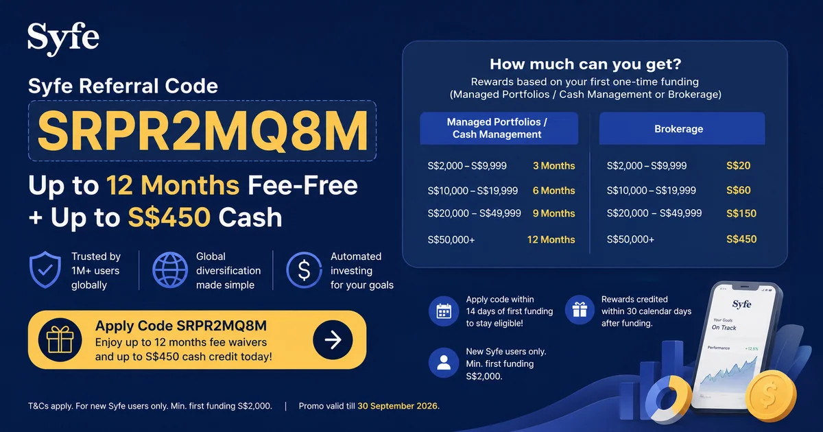 Syfe referral code SRPR2MQ8M September 2026 infographic — reward tiers from S$2,000 to S$100,000+ for Managed Portfolios (up to 12 months fee waiver) and Brokerage (up to S$450 cash credit)