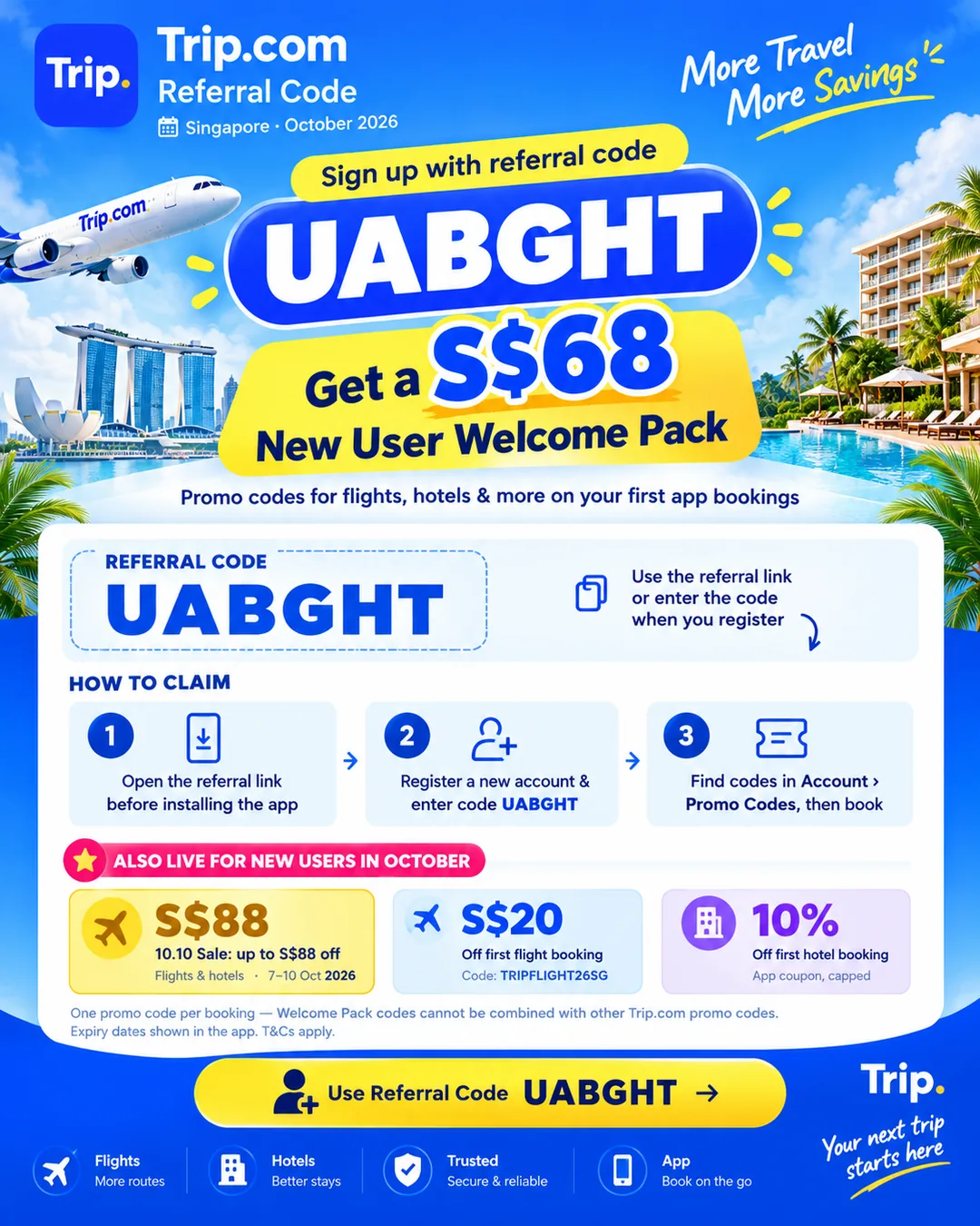 Trip.com referral code UABGHT October 2026 infographic: S$68 New User Welcome Pack, 3 steps to claim, 10.10 Sale up to S$88 off, S$20 off first flight, 10% off first hotel.