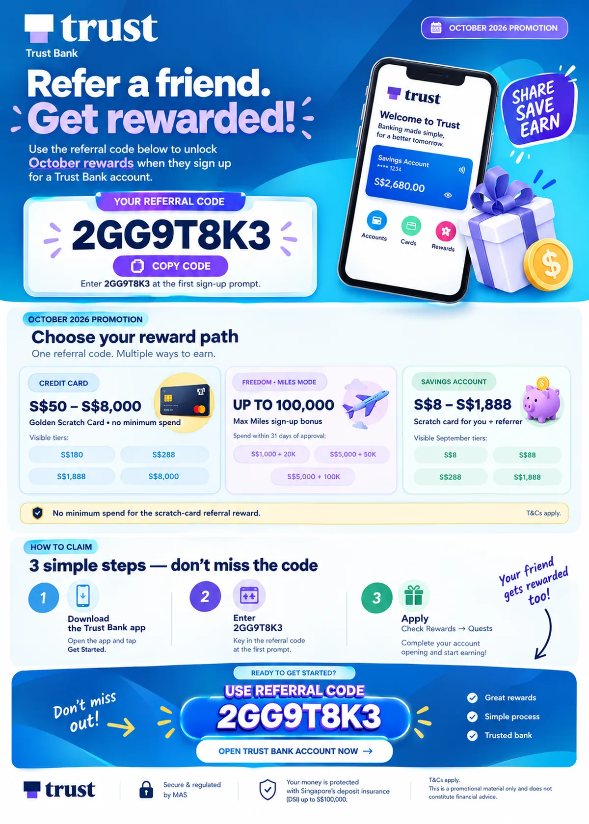 Trust Bank referral code 2GG9T8K3 October 2026 infographic — sure-win cashback S$180 to S$8000 or 100000 Max Miles with Freedom card Miles mode spend tiers S$1000 S$5000 S$15000 — savings account S$8 to S$1888 — 5 steps to claim