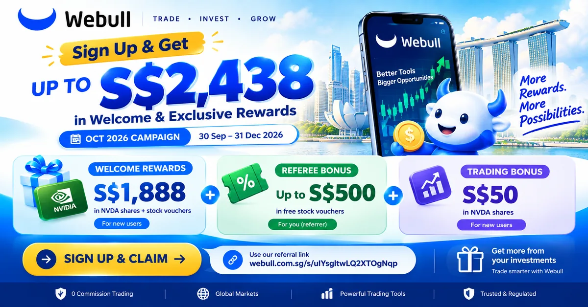 Webull Referral Link Singapore October 2026 — Full referee reward table showing 5 deposit tiers from S$3K to S$300K with NVDA shares and free stock vouchers as Welcome Rewards, exclusive Referee Bonus free stock vouchers up to S$500, and S$50 NVDA Trading Bonus, totalling up to S$2,438. New S$30K tier highlighted. Campaign 30 Sep – 31 Dec 2026.