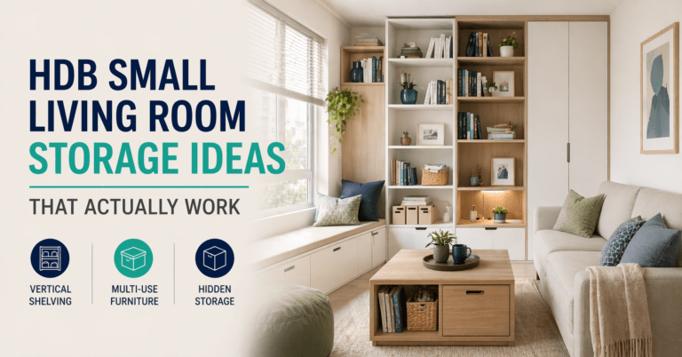 HDB small living room with vertical shelving and multi-use storage furniture