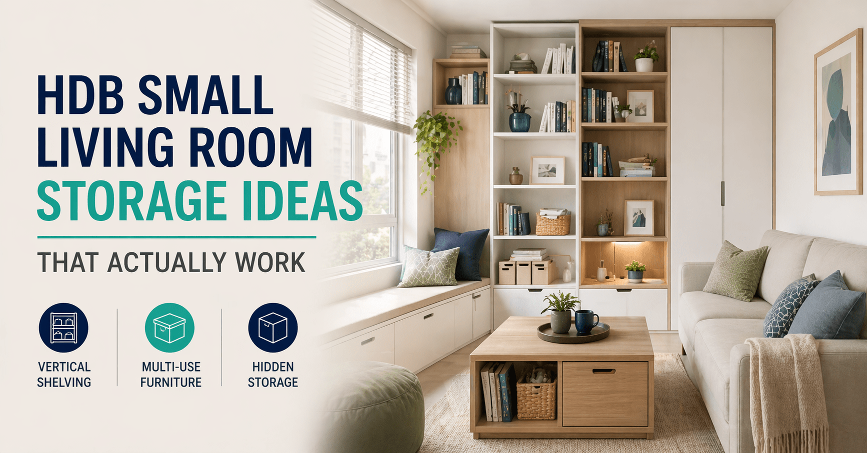 HDB small living room with vertical shelving and multi-use storage furniture