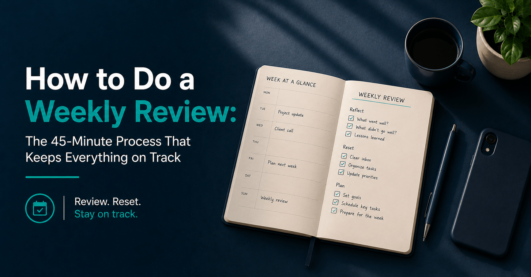 Open planner showing a weekly review checklist on a Sunday evening — how to do a weekly review for productivity