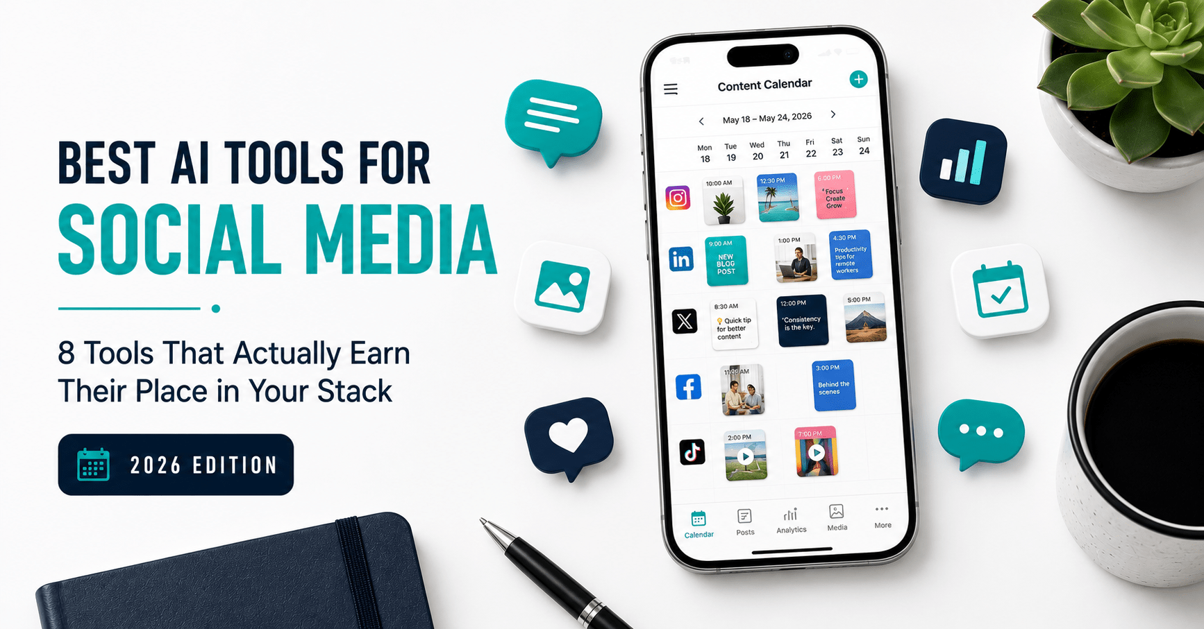 Best AI tools for social media 2026 — scheduling, captions, design and analytics compared