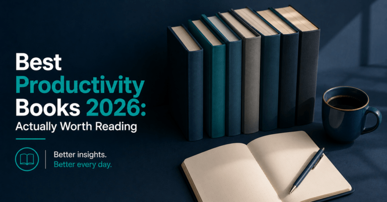 Stack of the best productivity books in 2026 on a clean desk including Atomic Habits and Deep Work