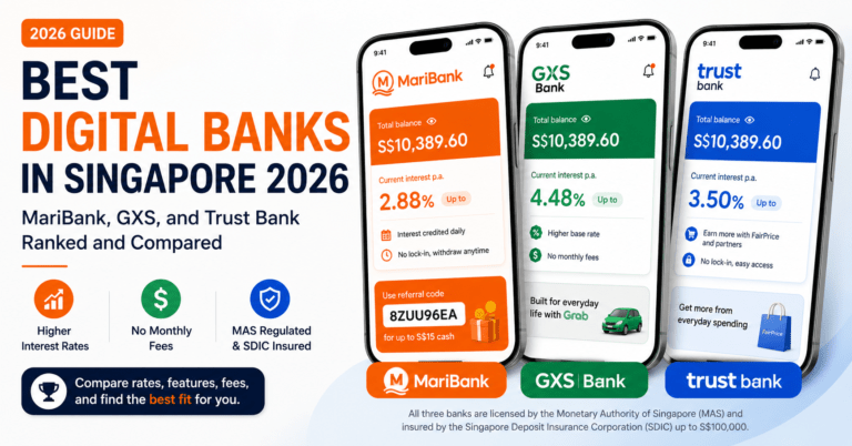 Three smartphones showing MariBank GXS Bank and Trust Bank apps side by side Singapore digital banks 2026 comparison