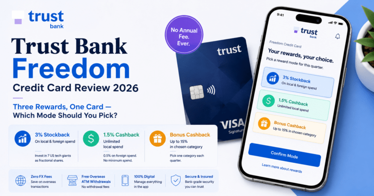 Trust Bank Freedom credit card review 2026 showing three reward modes: Stockback, unlimited cashback, and bonus cashback