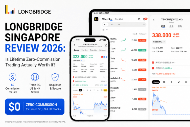 Longbridge Singapore trading app showing zero commission stock trading dashboard