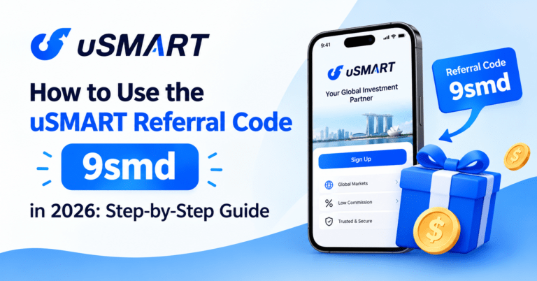 Step-by-step screenshots showing how to enter the uSMART referral code 9smd during sign-up