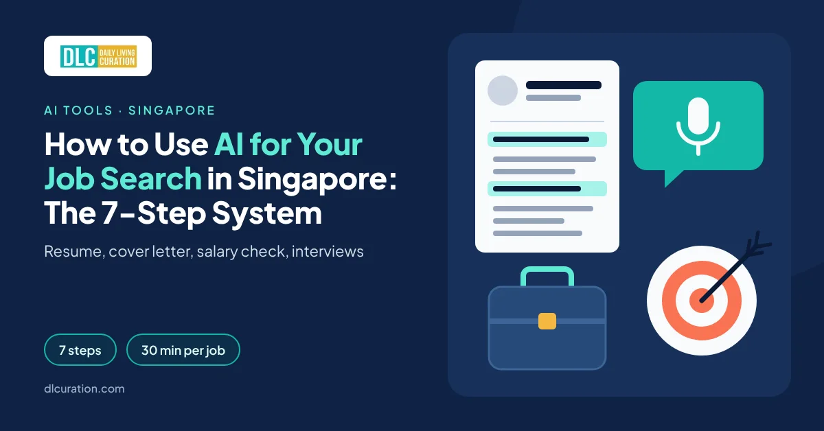 AI job search in Singapore banner with a resume, chat bubble with microphone, briefcase and target
