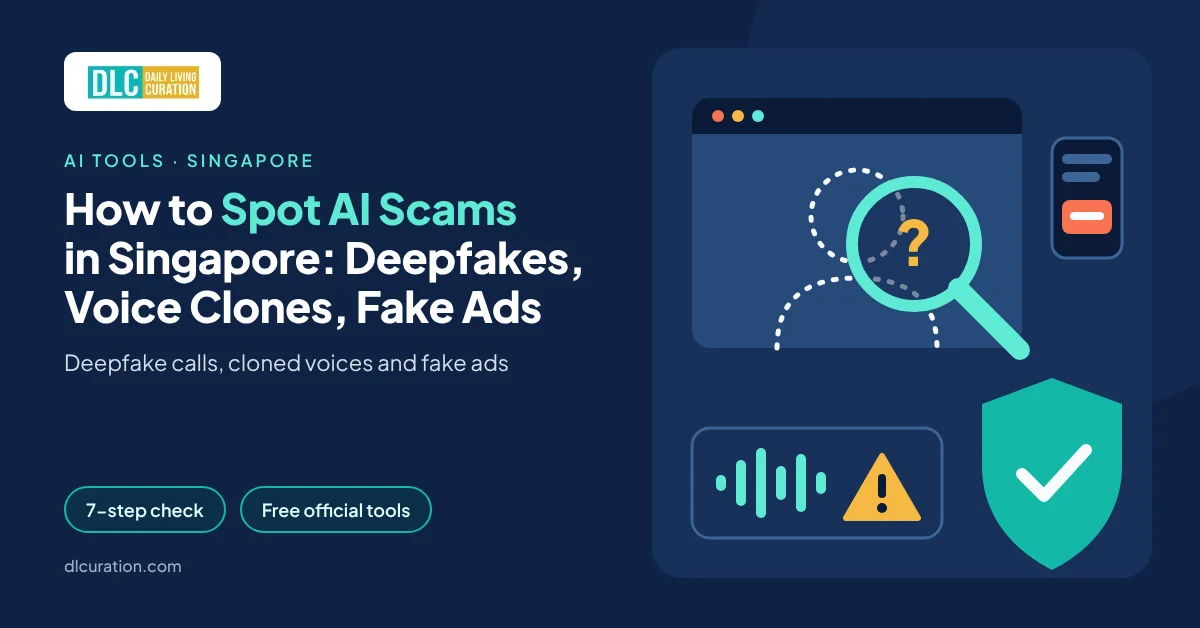 How to spot AI scams in Singapore banner with a deepfake video call under a magnifying glass and a shield