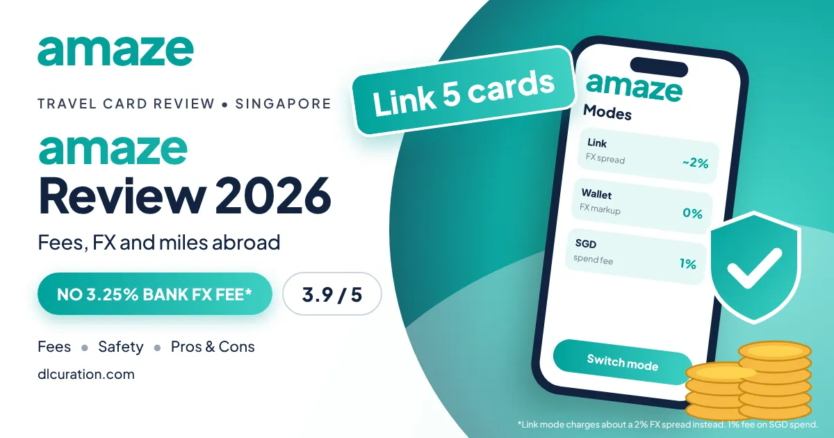 amaze card review 2026 banner with phone showing Wallet and Link modes, link 5 cards badge and shield