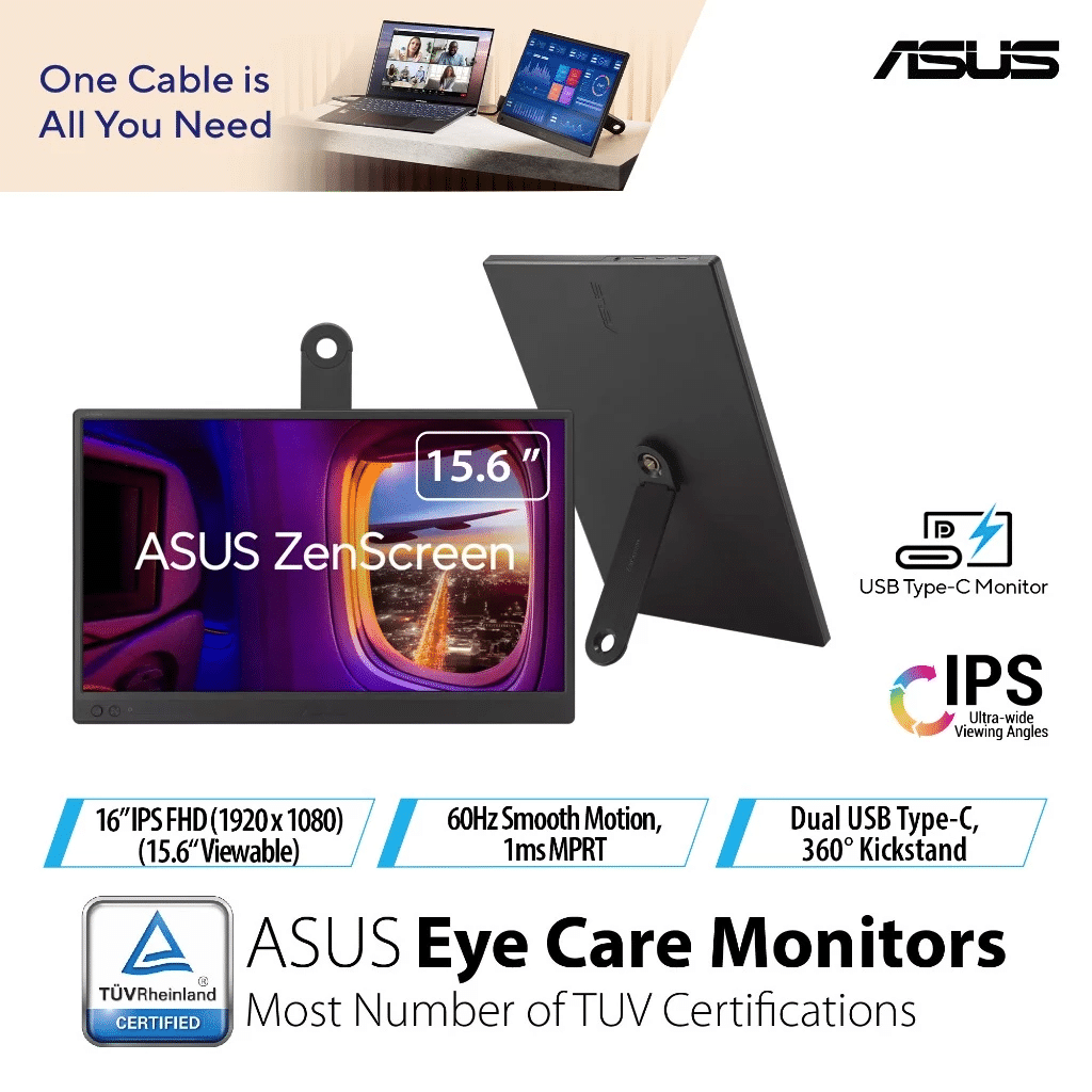 ASUS ZenScreen MB169CK Portable USB Monitor- 16 inch, Full HD, IPS, dual USB Type-C, Flicker Free, Blue Light Filter
