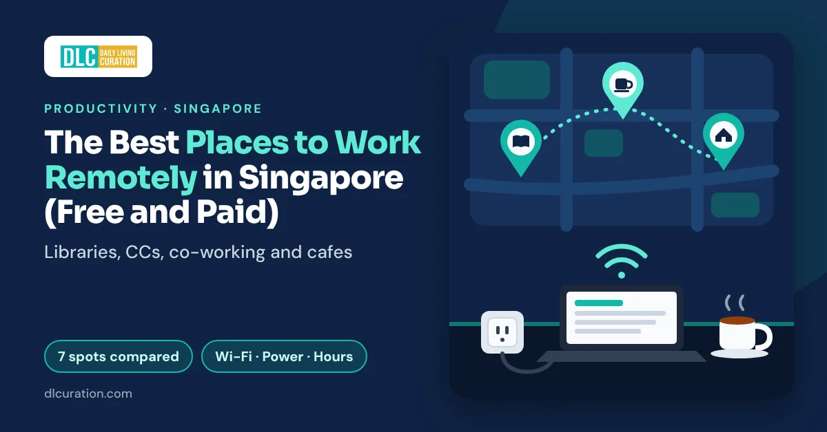Map of places to work remotely in Singapore with library, cafe and community club pins