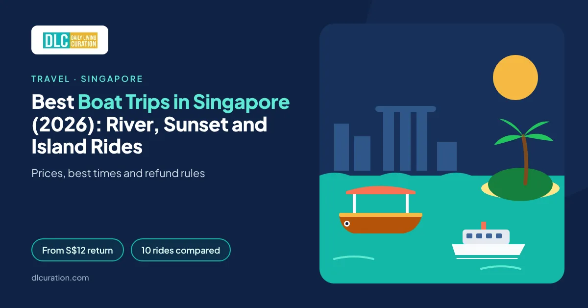Boat trips Singapore banner with river bumboat, ferry, island and city skyline