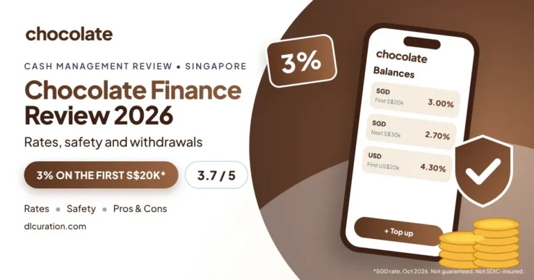 Chocolate Finance review 2026 banner with phone showing SGD and USD rates, 3% badge and shield