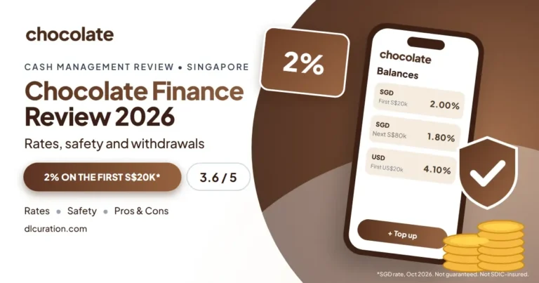 Chocolate Finance review 2026 banner with phone showing SGD and USD rates, 2% badge and shield