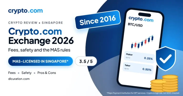 Crypto.com Exchange review 2026 banner with phone showing a crypto chart and fee rows, since 2016 badge and shield