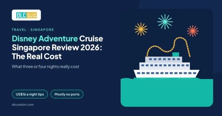 Disney Adventure cruise Singapore banner with cruise ship, roller coaster on deck and fireworks