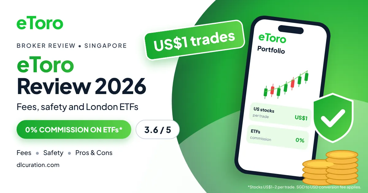 eToro Singapore review 2026 banner with phone showing a stock chart, US$1 trades badge and shield
