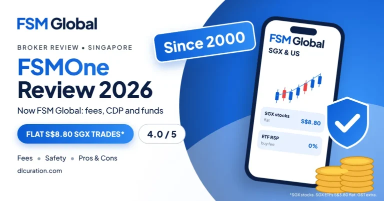 FSMOne review 2026 banner with phone showing a stock chart, since 2000 badge and shield