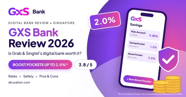 GXS Bank review 2026 banner with phone showing Boost Pocket rates up to 2.0%, shield and coins