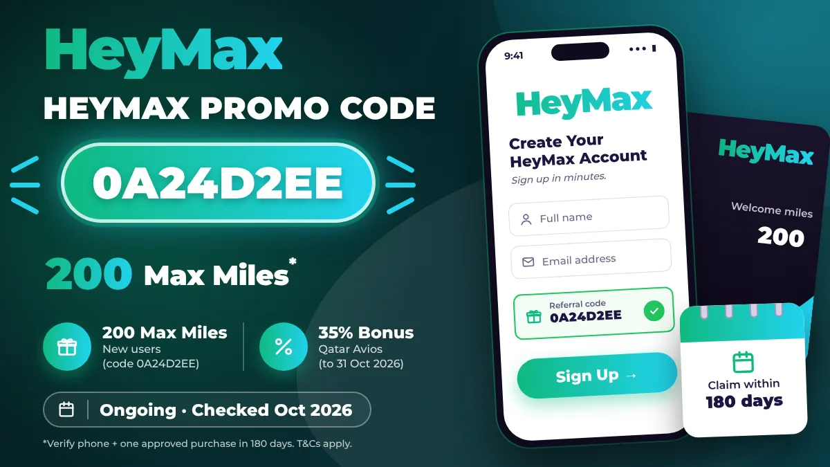 HeyMax promo code 0A24D2EE banner showing 200 Max Miles for new users and a phone sign-up screen