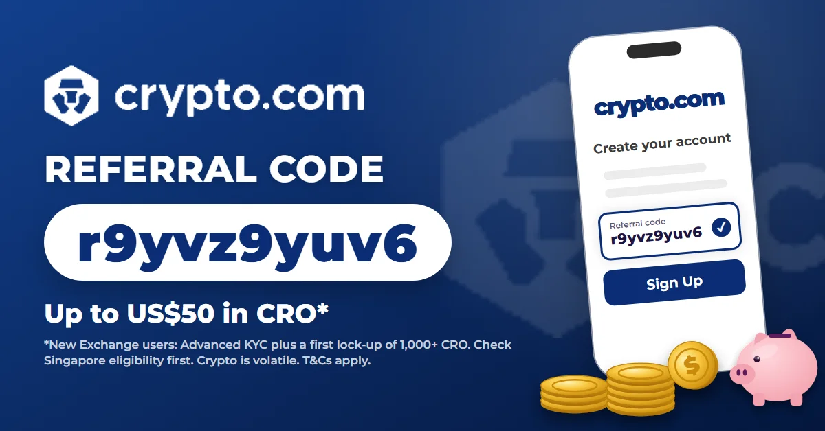 How to use Crypto.com Exchange referral code r9yvz9yuv6: up to US$50 in CRO, sign-up screen with code
