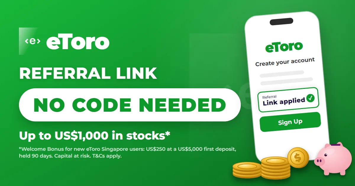 How to use eToro referral link: up to US$1,000 in stocks, phone sign-up screen with link applied