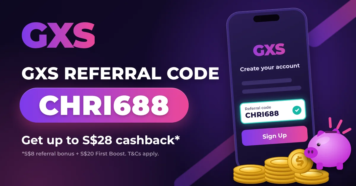 Phone referral code field with coins and a piggy bank: how to use GXS referral code