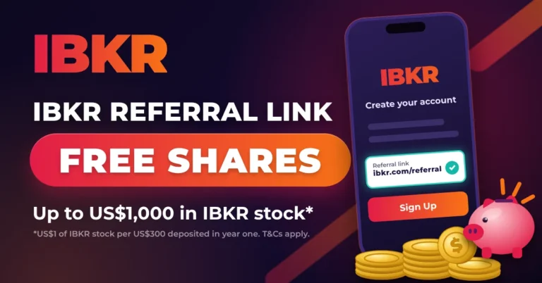 How to use IBKR referral link: phone sign-up screen, gold coins and piggy bank