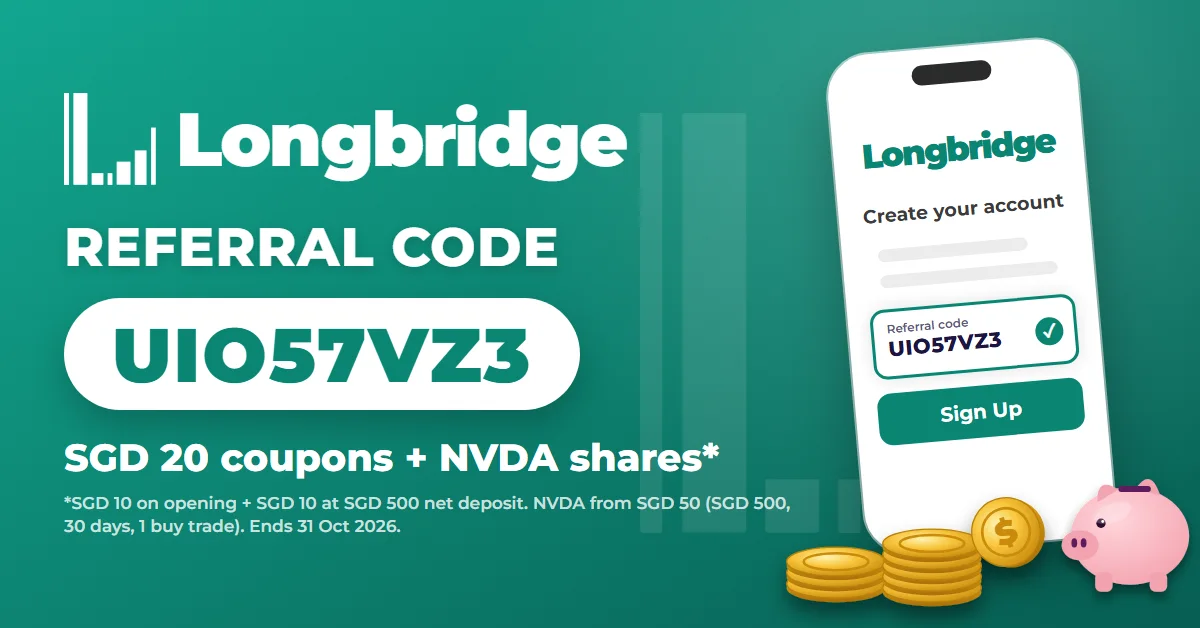 How to use Longbridge referral code UIO57VZ3: SGD 20 coupons plus NVDA shares, phone sign-up screen with code