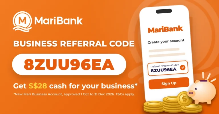 MariBank Business Account referral code 8ZUU96EA: phone sign-up screen, coins and piggy bank