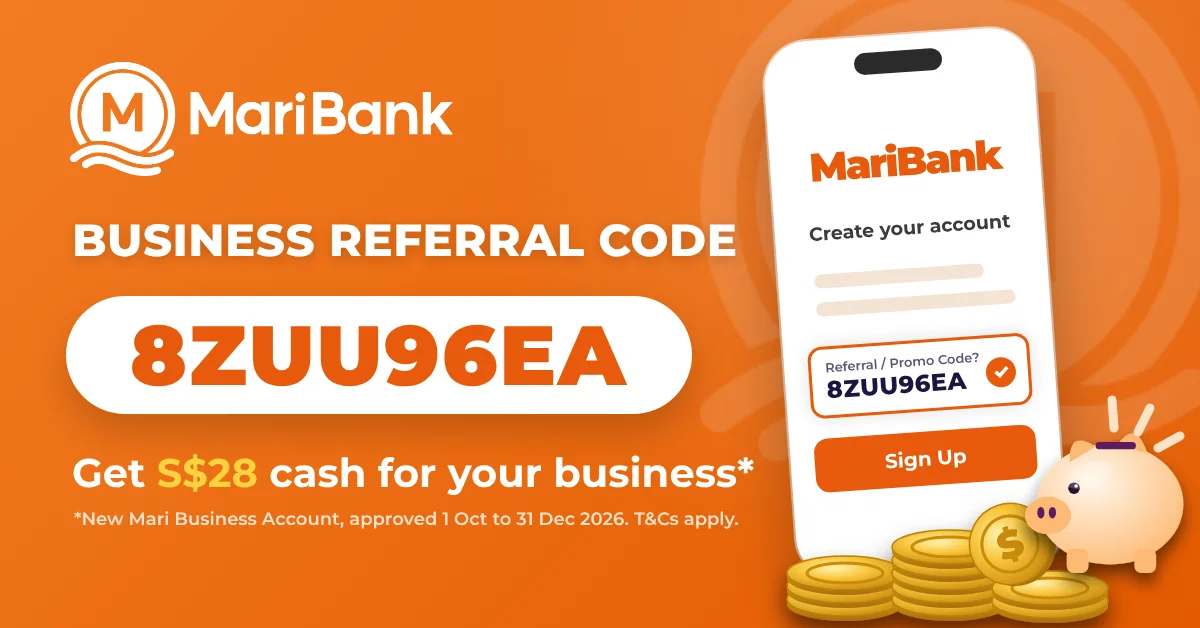 MariBank Business Account referral code 8ZUU96EA: phone sign-up screen, coins and piggy bank