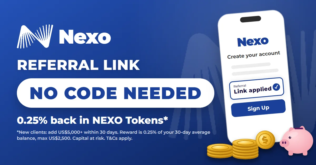 How to use Nexo referral link: 0.25% back in NEXO Tokens, phone sign-up screen with referral link applied
