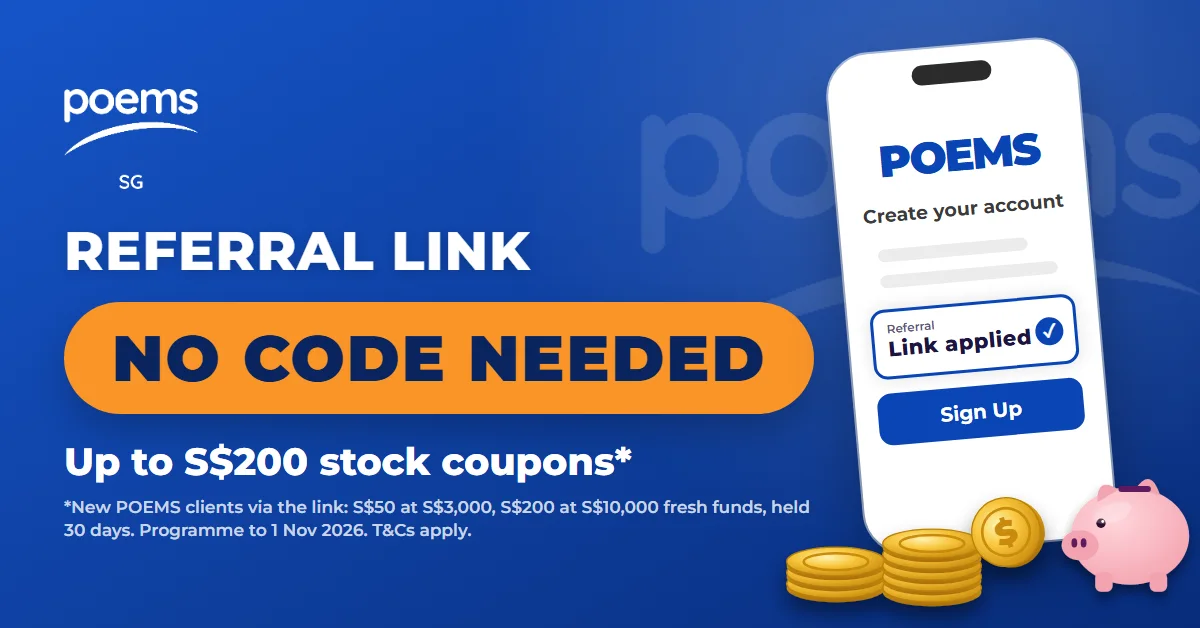 How to use POEMS referral link: up to S$200 stock coupons, phone sign-up screen with link applied