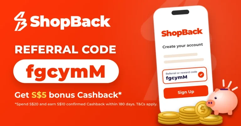How to use ShopBack referral code fgcymM: phone sign-up screen with code entered, coins and piggy bank