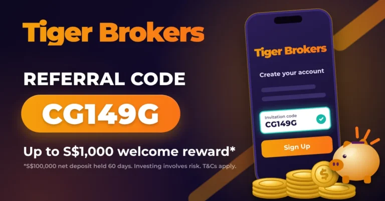 How to use Tiger Brokers referral code: phone sign-up screen with code CG149G, gold coins and piggy bank