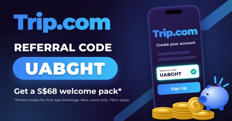 How to use Trip.com referral code: phone sign-up screen with code UABGHT, gold coins and piggy bank